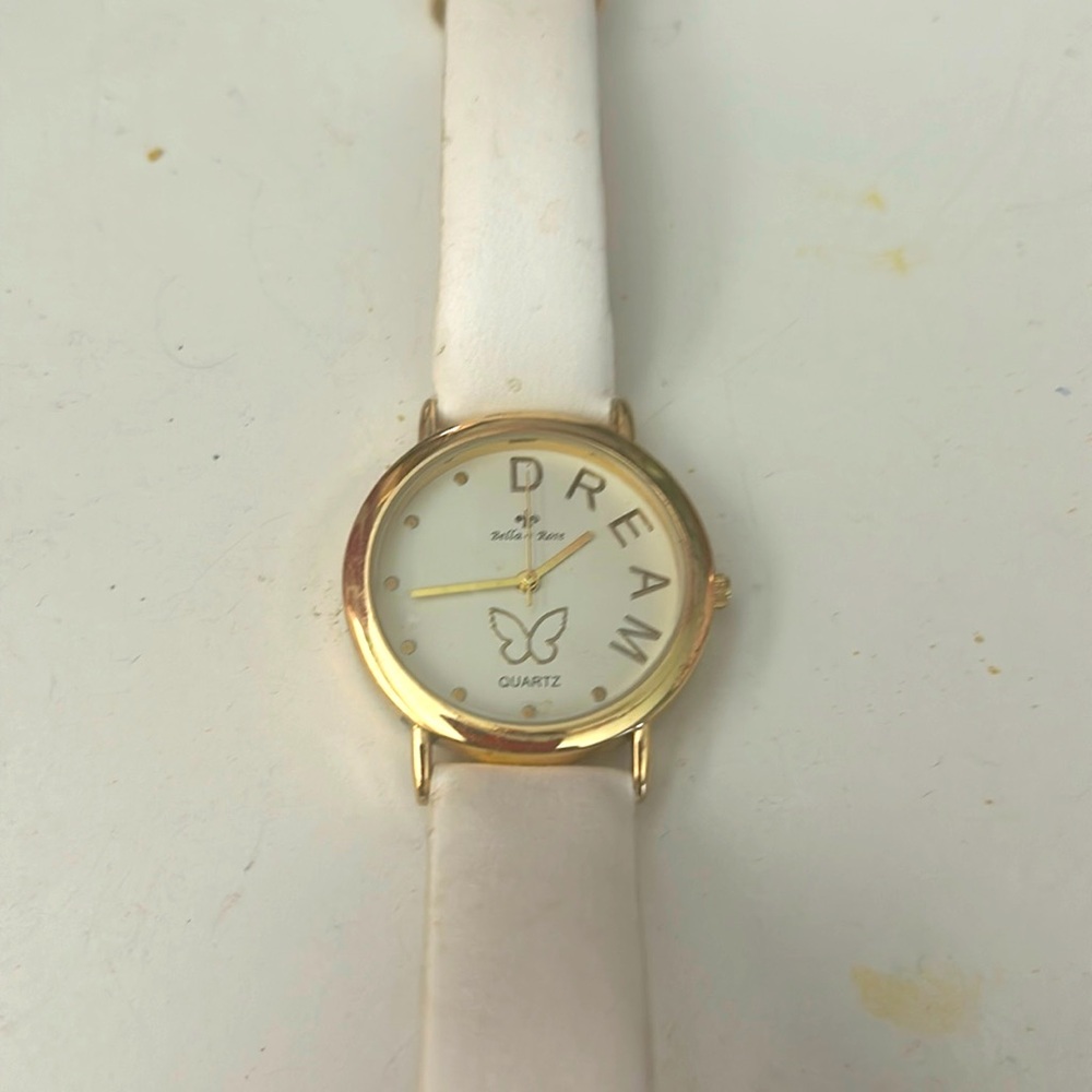 Bella & Rose “Dream” Quartz Womens watch. Gold Tone with white leather band.